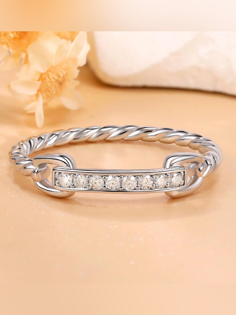 Moissanite White Gold Plated Sterling Silver Rope Band Ring size 8